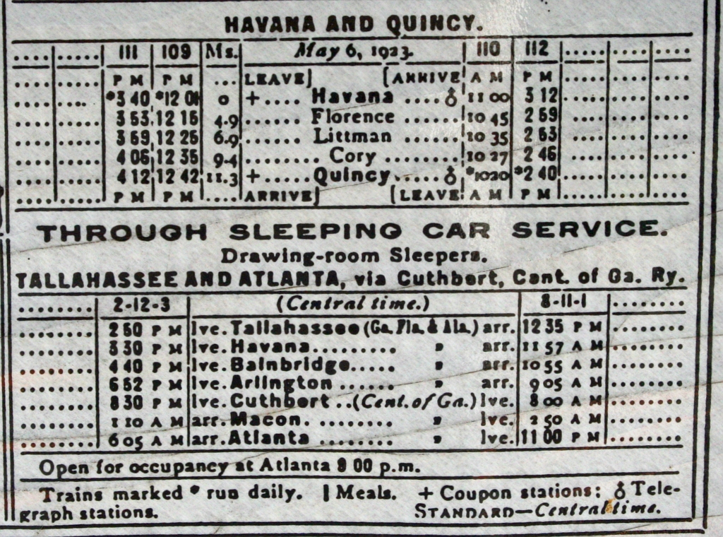 1923 GF&A (SAL) timetable of branch to Quincy